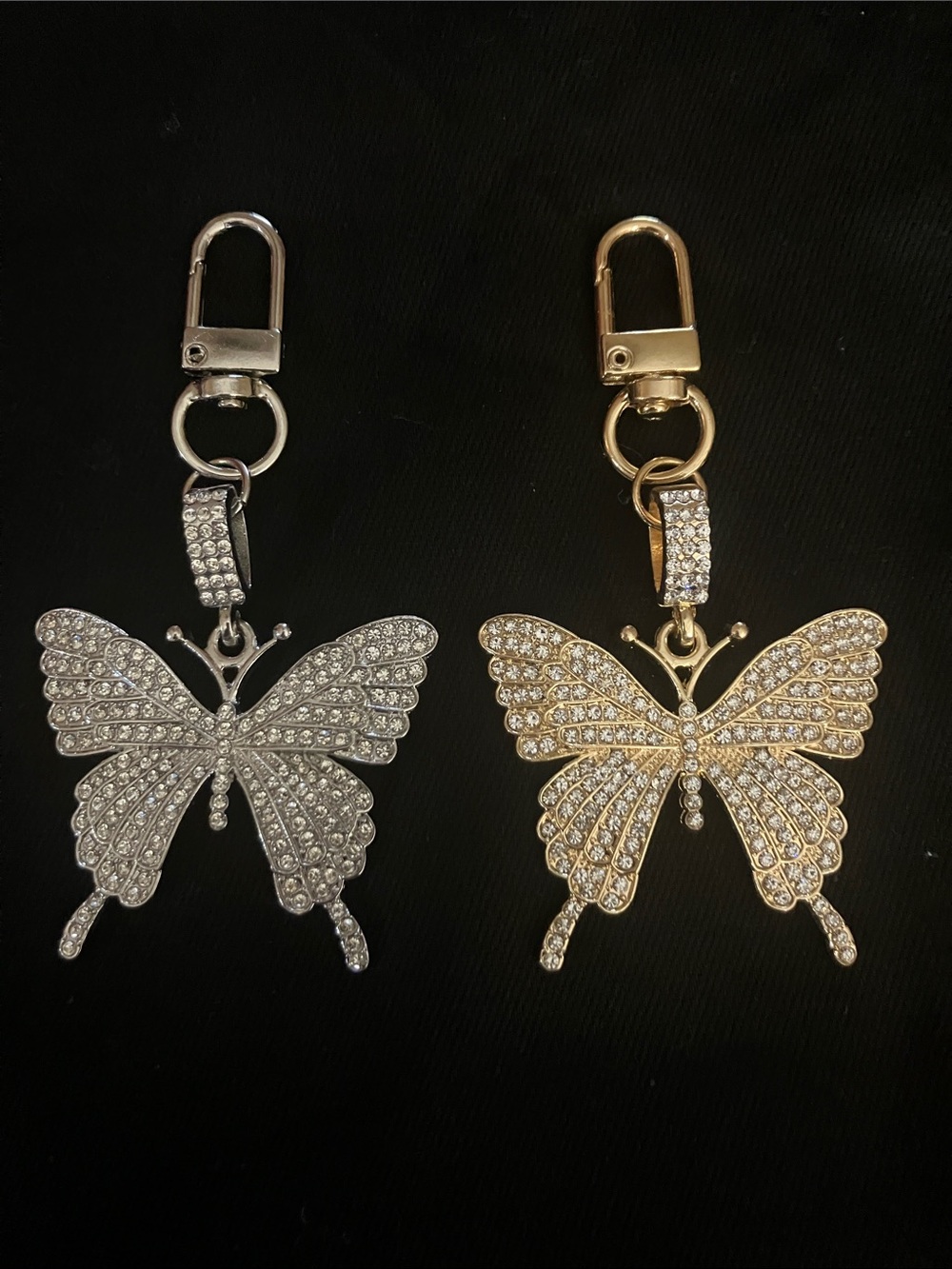 2 Rhinestone Butterfly Keychain Charm - Gold & Silver (Set of 2)
